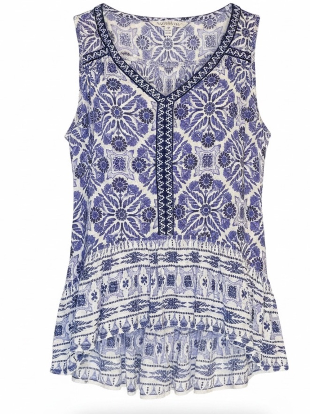 Patrons of Peace Blue and White Floral V-Neck Sleeveless Tank